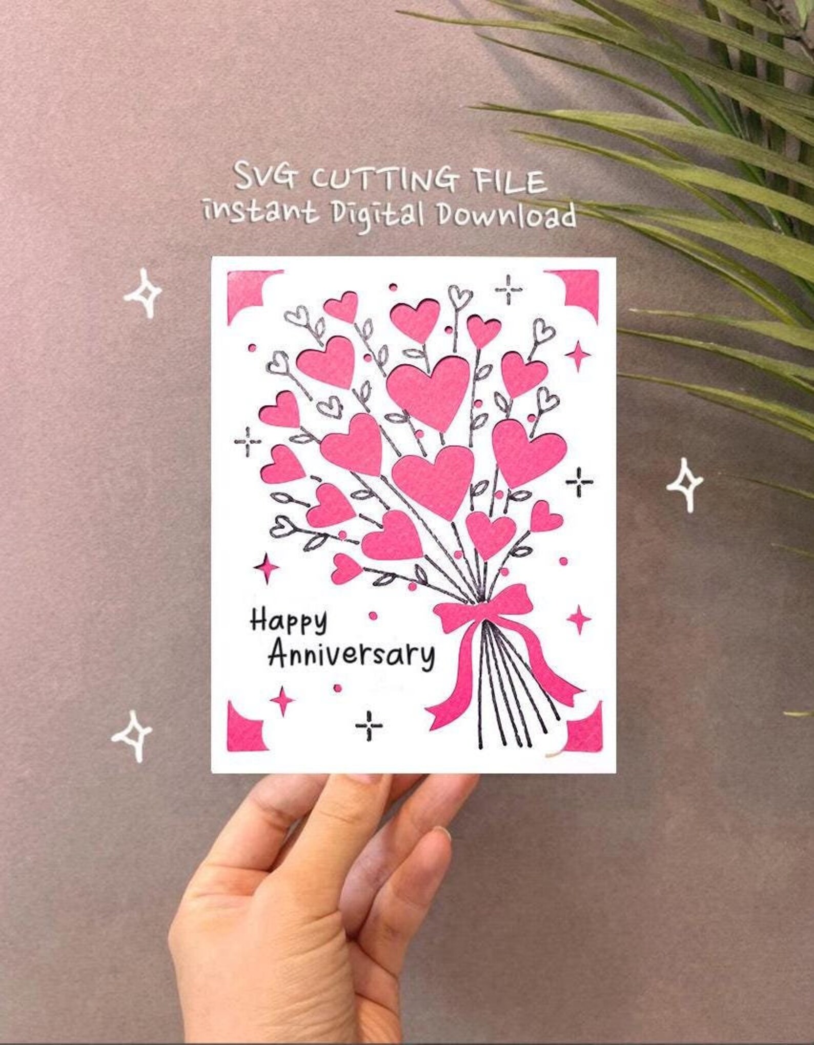 Hearts Bouquet Anniversary Card SVG Template for Cricut (digital ...