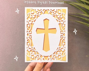 May include: A digital download SVG cutting file for a cross with a floral frame. The cross is white with a yellow center and the frame is white with a yellow background.