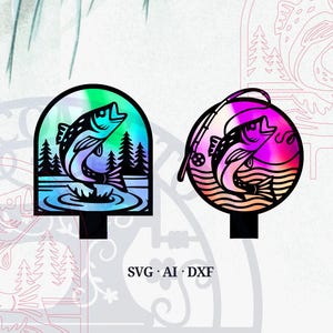 May include: Two decorative metal signs featuring a jumping fish design. One is arched, the other is circular, both with a colorful gradient background. The signs include a fish, water, trees, and fishing rod details. The text "SVG AI DXF" is visible.