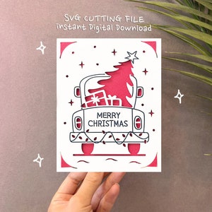 Tarjeta de camión de Navidad svg, x mas cricut joy card, Cute Truck Christmas Tree svg, Descarga digital