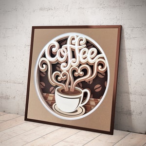 Könnte beinhalten: Ein gerahmtes Papierbastelwerk mit dem Wort "Kaffee" in einer stilisierten Schriftart mit einer Kaffeetasse und Dampf in der Mitte. Der Hintergrund ist ein braunes Muster aus Kaffeebohnen.