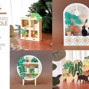Lot de 4 cartes végétales, modèle de carte de boîte SVG, téléchargement numérique, carte pop-up bricolage