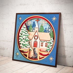 Boîte d'ombre d'église de Noël, église en couches, fichiers SVG pour Cricut, téléchargement numérique