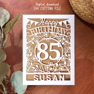 Cartão de aniversário de 85 anos SVG, cartão de aniversário de 85 anos SVG, cartão de aniversário de 85 anos SVG, modelo de cartão SVG, download digital instantâneo