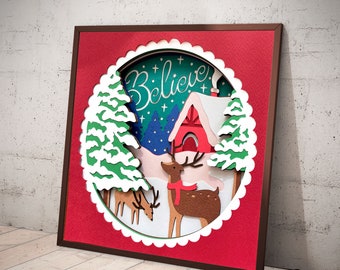 3DクリスマスシャドーボックスSVG：サンタと女の子の切り絵