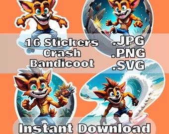 16 Crash PNG Sticker Pack - 16 Crash Bandicoot Designs - Fichiers SVG imprimables numériques - Téléchargement instantané