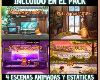 Pack 4 Animated Screens in Spanish, Cute Corgi Dog. Twitch Screens. Direct transmission screen. Overlay Streaming. Overlap