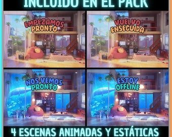 Pack 4 Animated Screens in Spanish, Cozy LoFi Room. Twitch Screens. Direct transmission screen. Overlay Streaming. Overlap