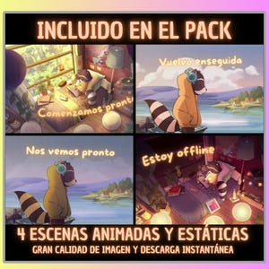 Puede incluir: Un conjunto de cuatro escenas animadas y estáticas con un personaje de mapache en diferentes escenarios. Las escenas incluyen al mapache sentado en un escritorio, de pie junto a un lago, sentado en una cama y de pie junto a una ventana. El texto "INCLUIDO EN EL PACK" aparece en la parte superior de la imagen, y el texto "4 ESCENAS ANIMADAS Y ESTATICAS GRAN CALIDAD DE IMAGEN Y DESCARGA INSTANTÁNEA" aparece en la parte inferior de la imagen.
