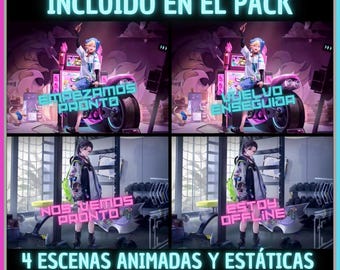 Pack 4 Animated Screens in Spanish, Neon Girl. Twitch Screens. Live Streaming Screen. Streaming Overlay. Overlay
