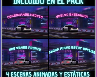 Pack of 4 Animated Screens in Spanish, Car Night. Twitch Screens. Live Streaming Screen. Streaming Overlay. Superposition