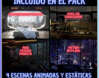 Pack 4 Animated Screens in Spanish, LoFi Future Room. Twitch screens. Live broadcast screen. Streaming overlay. Superposition