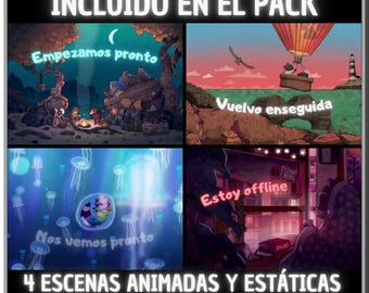 Pack 4 Animated Screens in Spanish, Racoon Chillhop. Twitch screens. Live broadcast screen. Streaming overlay. Superposition