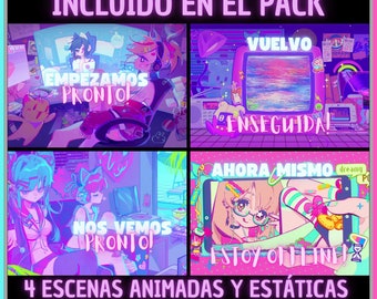 Pack 4 Animated Screens in Spanish, Neon Girl. Twitch Screens. Direct transmission screen. Overlay Streaming. Overlap