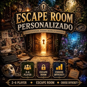 Puede incluir: Un kit de juego de escape room personalizado con un gráfico central de cerradura dorada, una máquina de escribir, una máscara de carnaval y tres placas decorativas con las etiquetas 2-6 PLAYER, ESCAPE ROOM y CHOOSE DIFFICULTY, con el texto ESCAPE ROOM PERSONALIZADO.