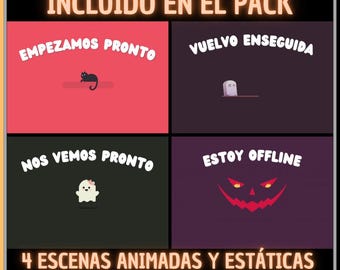 Pack of 4 Animated Screens in Spanish, Halloween Cute. Twitch Screens. Live Streaming Screen. Streaming Overlay. Superposition