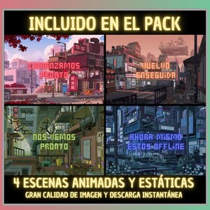 Pack 4 Animated Screens in Spanish, Pixel City. Twitch screens. Live broadcast screen. Streaming overlay. Superposition