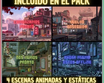 Pack 4 Animated Screens in Spanish, Pixel City. Twitch screens. Live broadcast screen. Streaming overlay. Superposition