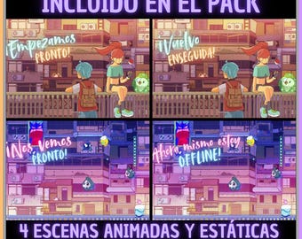 Pack 4 Animated Screens in Spanish, Poke Day Night. Twitch Screens. Live Streaming Screen. Streaming Overlay. Superposition