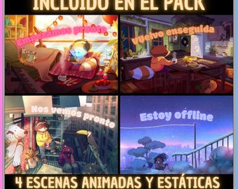 Pack 4 Animated Screens in Spanish, Racoon LoFi. Twitch screens. Live broadcast screen. Streaming overlay. Superposition