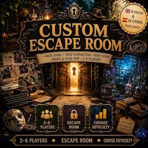 Op de afbeelding: Een digitale printbare PDF-set voor een aangepast escape room-spel met een centrale sleutelgat-afbeelding, de tekst CUSTOM ESCAPE ROOM, YOUR STORY, YOUR CHARACTERS, YOUR THEME, PRINT & PLAY PDF, 2-6 PLAYERS en iconen voor spelers en moeilijkheidsgraad.