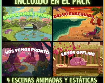 Pack 4 Animated Screens in Spanish, Cute Purple Cat. Twitch Screens. Direct transmission screen. Overlay Streaming. Overlap