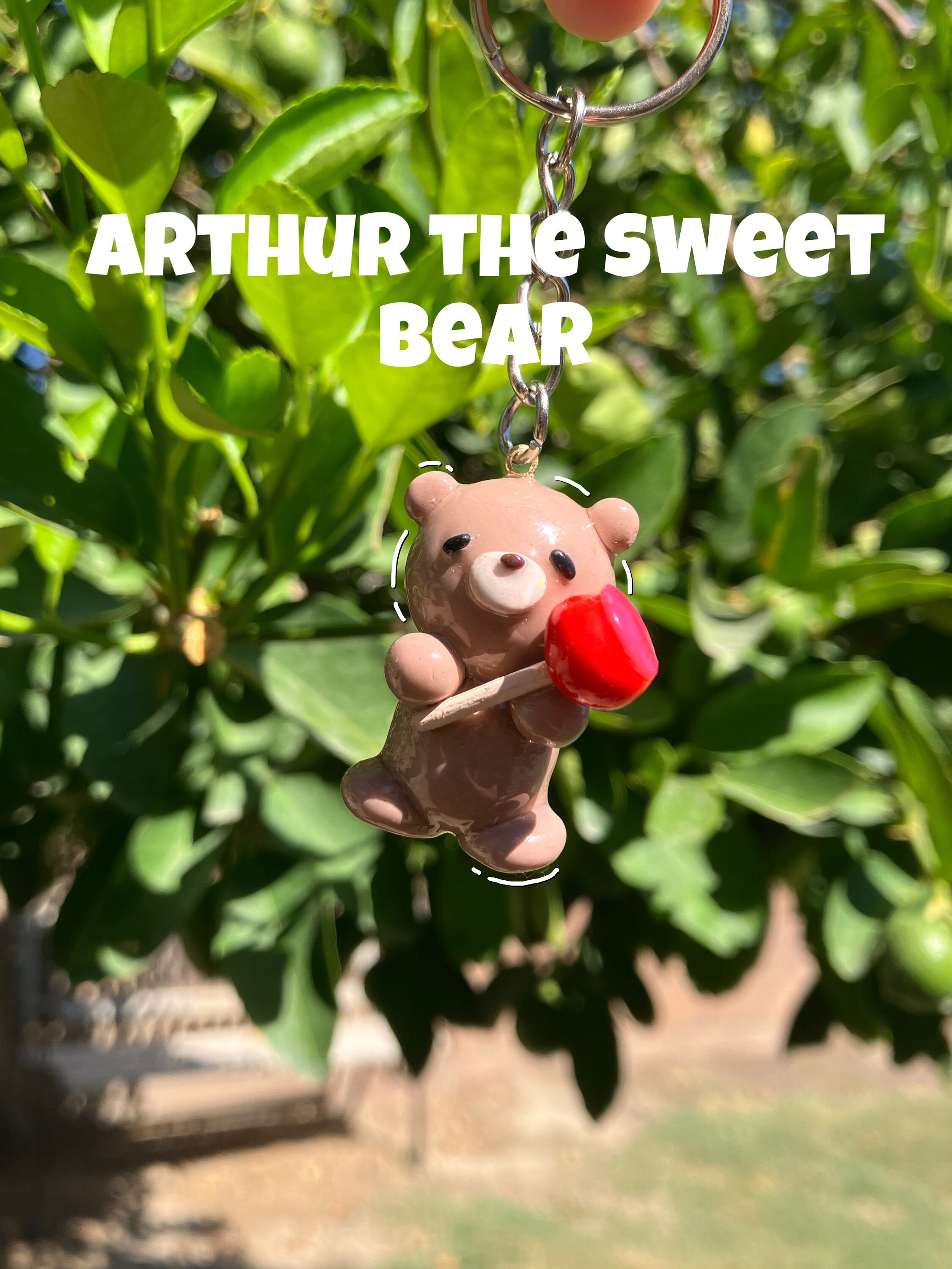 Arthur the bear, polymer clay keychain, Arthur and his candy apple, cute, charm