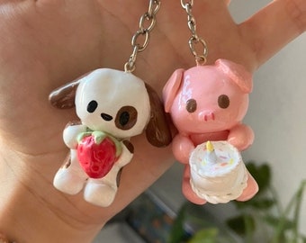 Animal Clay keychains, (single) sold separately, Dog holding strawberry, Pig holding cake, cute keychains
