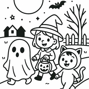 Op de afbeelding: Zwart-wit Halloween-illustratie met een heks, een spook en een kat in kostuum die aan het trick-or-treaten zijn. Een volle maan, vleermuizen, sterren en een boom staan op de achtergrond. De heks draagt een pompoen.