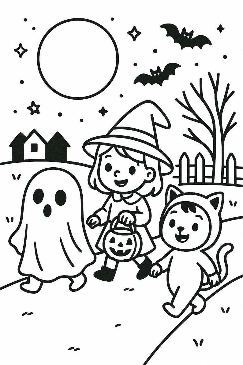 Op de afbeelding: Zwart-wit Halloween-illustratie met een heks, een spook en een kat in kostuum die aan het trick-or-treaten zijn. Een volle maan, vleermuizen, sterren en een boom staan op de achtergrond. De heks draagt een pompoen.