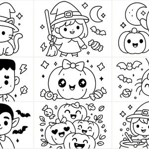 Op de afbeelding: Zwart-wit Halloween-thema illustraties. De afbeeldingen bevatten een kat met een heksenhoed, een heks met een bezem, een spook, een pompoen, Frankenstein's monster, een spin, een vampier en meer pompoenen. De illustraties zijn in cartoonstijl.