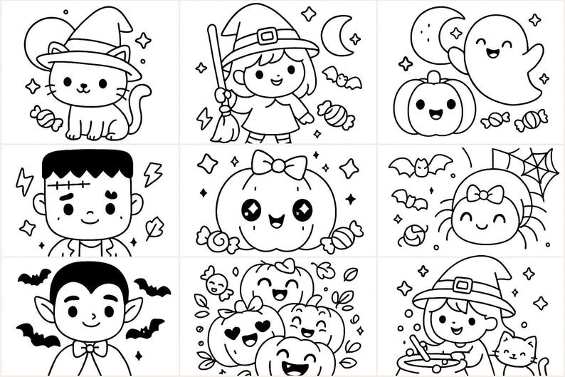 Op de afbeelding: Zwart-wit Halloween-thema illustraties. De afbeeldingen bevatten een kat met een heksenhoed, een heks met een bezem, een spook, een pompoen, Frankenstein's monster, een spin, een vampier en meer pompoenen. De illustraties zijn in cartoonstijl.