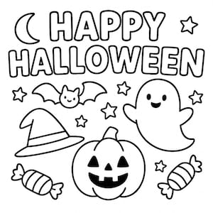 Op de afbeelding: Zwart-wit Halloween-illustratie met de tekst "HAPPY HALLOWEEN". Bevat een maan, sterren, een vleermuis, een heksenhoed, een pompoen, een spook en snoep.