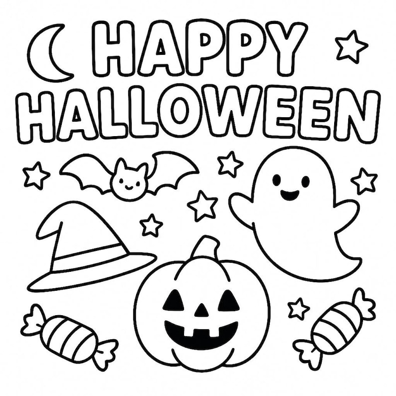 Op de afbeelding: Zwart-wit Halloween-illustratie met de tekst "HAPPY HALLOWEEN". Bevat een maan, sterren, een vleermuis, een heksenhoed, een pompoen, een spook en snoep.