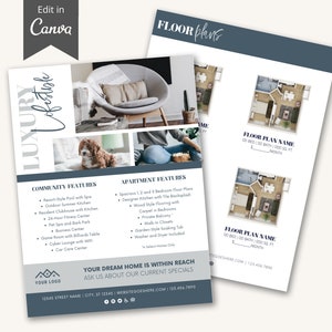 以下が含まれることがあります： 高級マンションの賃貸を宣伝する青と白のチラシ。チラシには、プール、フィットネスセンター、ドッグランなど、マンションの設備の写真が掲載されています。チラシには、間取り図と、コミュニティとマンションの機能のリストも掲載されています。チラシのテキストには、「Luxury Lifestyle」、「Community Features」、「Apartment Features」、「Your Dream Home is Within Reach」、「Ask Us About Our Current Specials」、「Website」、「123.456.7890」と記載されています。