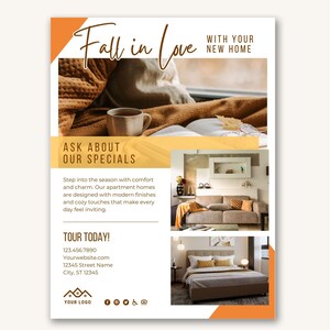 Peut inclure: Un flyer promotionnel avec le texte "Fall in Love with Your New Home". Il présente des images d'intérieurs de maisons confortables, dont un salon et une chambre. Le design utilise des couleurs chaudes, avec des accents orange et marron.