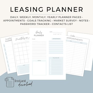 May include: A set of printable planner pages labelled "LEASING PLANNER". The pages offer daily, weekly, monthly, and yearly planning, with space for appointments, goals, notes, and contacts. The design is minimalist, using a light blue and white colour scheme.