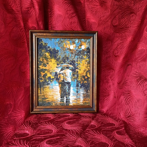 Embroidered picture "Couple under an umbrella". The picture is embroidered with threads.Picture of the lovers.Valentine's day gift