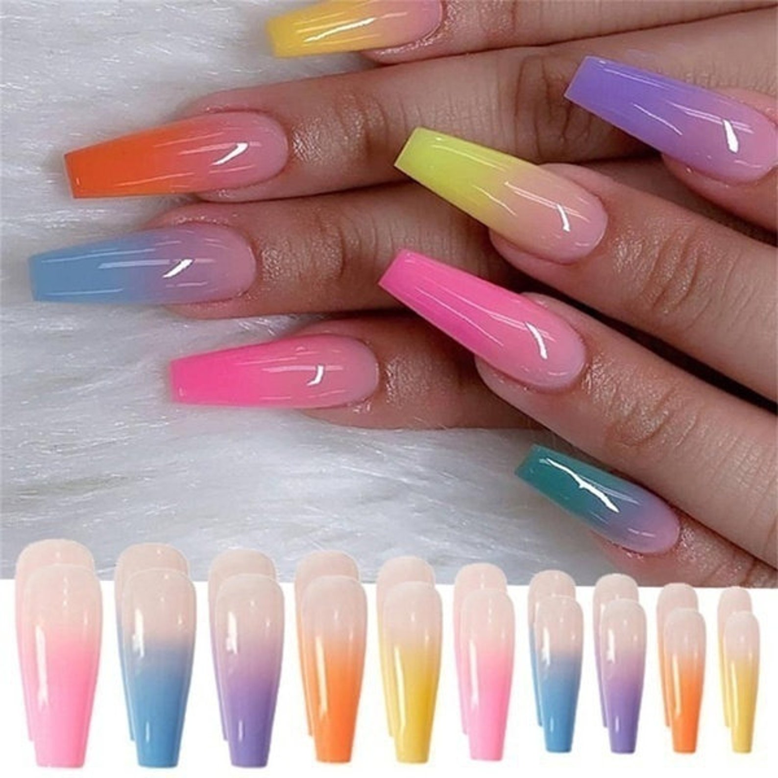 Rainbow Ombre False Nail Tips 20 Pack Ballerina Nails Etsy