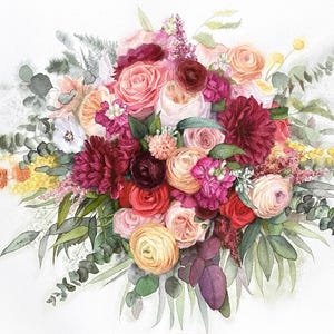 Custom Bouquet Watercolor Painting, Bridal Bouquet Picture, Anniversary Gift, Wife Gift, Romantic Gift, Valentine Gift, Floral Watercolor