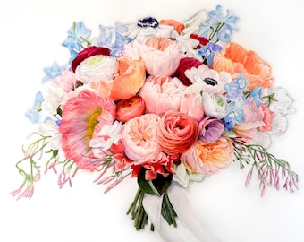 Custom Bouquet Watercolor Painting, Bridal Bouquet Picture, Anniversary Gift, Wife Gift, Flower Painting, Valentine Gift, Flower Watercolor