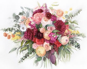 Aquarelle de bouquet de mariage personnalisé, photo de bouquet de mariée, cadeau d'anniversaire, cadeau d'épouse, cadeau romantique, cadeau de mariée, cadeau de la Saint-Valentin