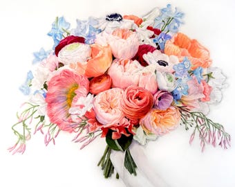 Custom Bouquet Watercolor Painting, Bridal Bouquet Picture, Anniversary Gift, Wife Gift, Flower Painting, Valentine Gift, Flower Watercolor