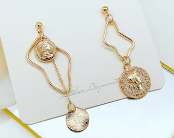 Mismatched Gold Coin Dangle Earrings - Convertible to Clip-on - Unique Asymmetrical Statement Earrings - Gold Plated Brass