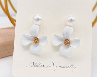 Flower Drop Earrings with Pearl Studs - Four Petal Lilies - Made with Sterling Silver Post or as Clip ons - Dainty, Boho, Kawaii, and Unique
