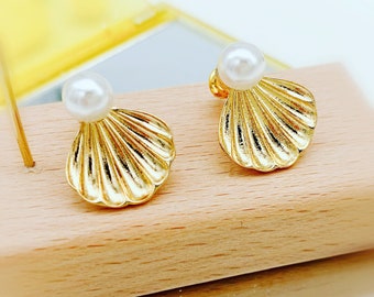 Gold Shell Pearl Studs - Convertible to Clip on - Gold Plated Shell Charm Earrings - Sterling Silver Post - Cute, Dainty, and Unique