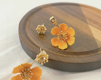 Orange Flower Crystal Stud Earrings - Made with Sterling Silver Posts - Everyday Wear - Bohemian Style - Elegant Gift for Her