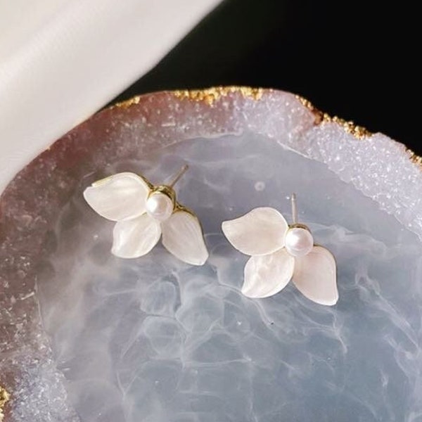 White Flower Petal Pearl Studs - Shell Flower Petals - Also Available with Invisible Clip-ons - Sterling Silver Posts - Elegant and Refined