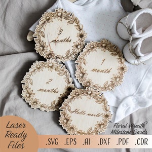 Floral bébé jalon cartes SVG, couronne de fleurs SVG Bundle, jalons découpés au Laser Glowforge Cricut fichiers en téléchargement numérique, disques jalon