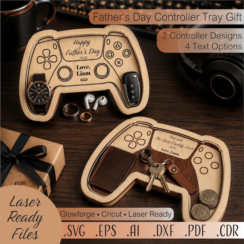 K&ouml;nnte beinhalten: Holztablett in Form eines Controllers mit dem eingravierten Text "Happy Father's Day 2025, Love, Liam." Das Tablett enth&auml;lt eine Uhr, Ringe, Ohrh&ouml;rer und einen Autoschl&uuml;ssel. Ein zweites Tablett ist ebenfalls abgebildet.